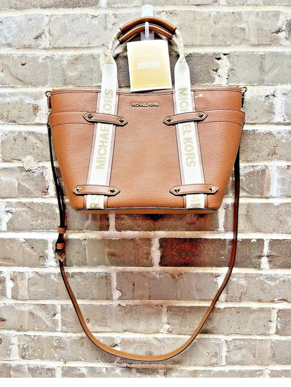 Michael Kors Brown Pebbled Leather Tote with Cream Logo Straps
